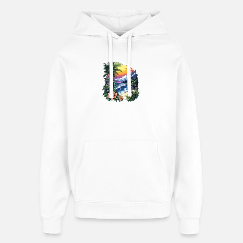 Côte tropicale au coucher du soleil - Sweat à capuche unisexe Stanley/Stella Oversized - blanc