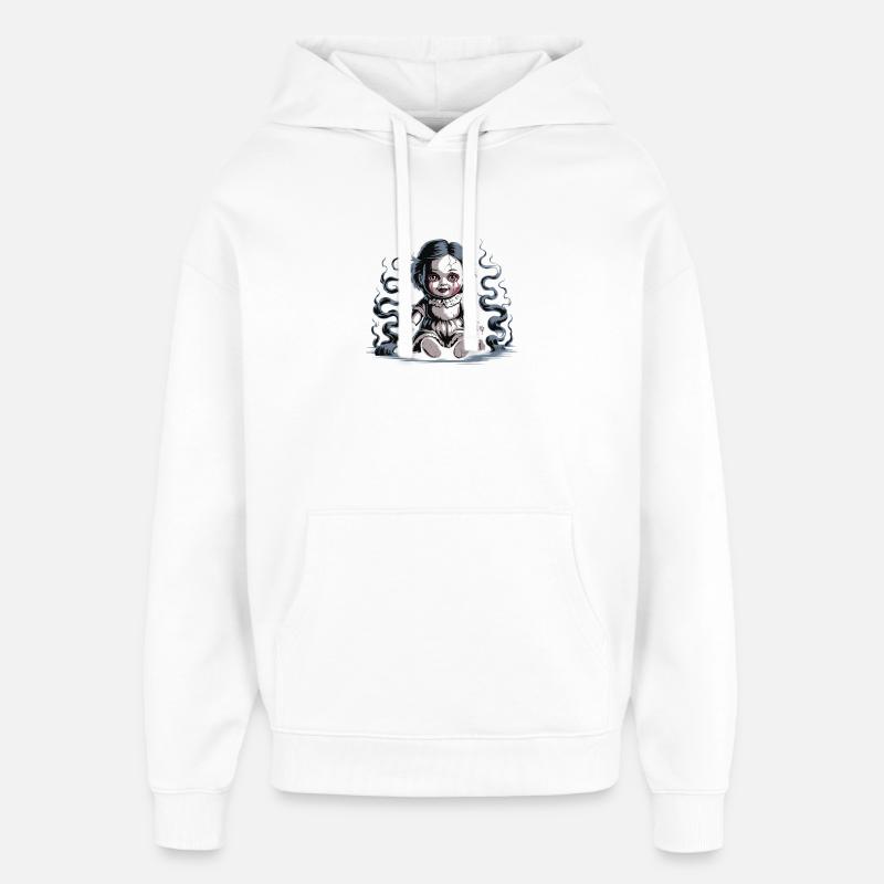 Poupée effrayante avec texte d’avertissement - Sweat à capuche unisexe Stanley/Stella Oversized - blanc