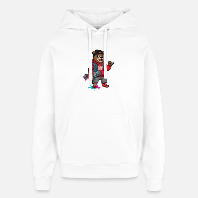 Wave Bear Skateboard Graffiti Pullover Hoodie - Oversized Unisex Hoodie by Stanley/Stella - white