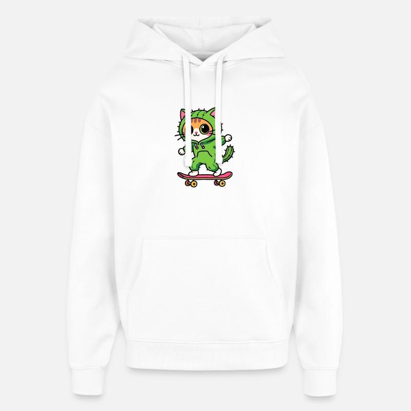Chat skate cactus vert hoodie kawaii - Sweat à capuche unisexe Stanley/Stella Oversized - blanc