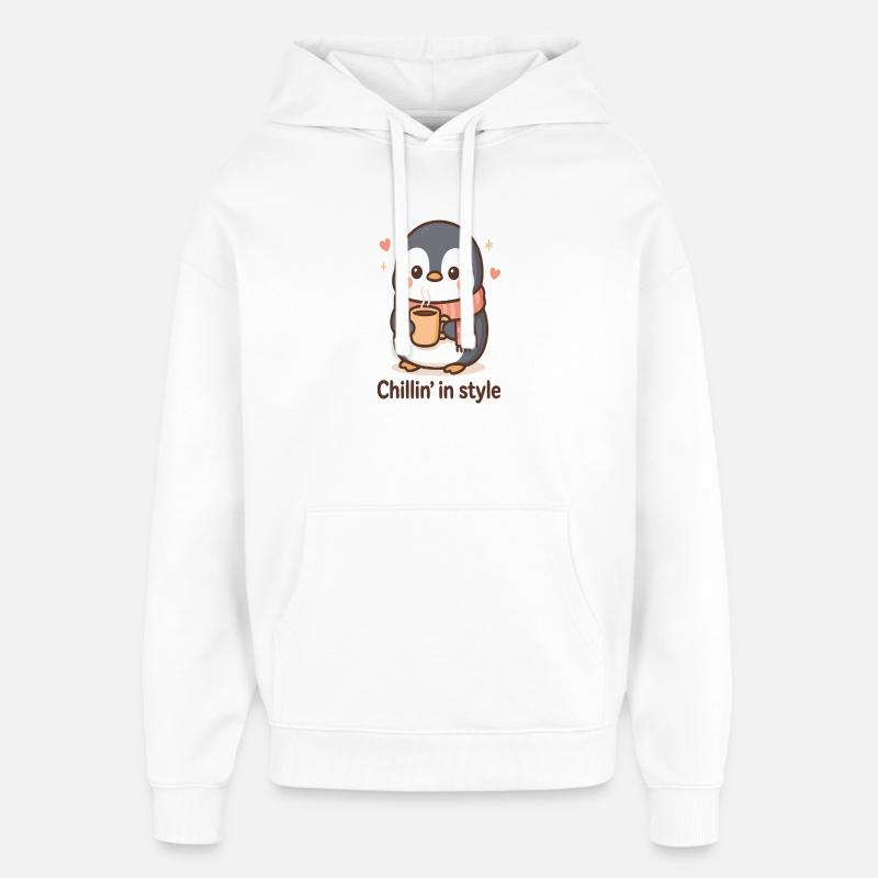 Pingouin mignon avec du café - Sweat à capuche unisexe Stanley/Stella Oversized - blanc