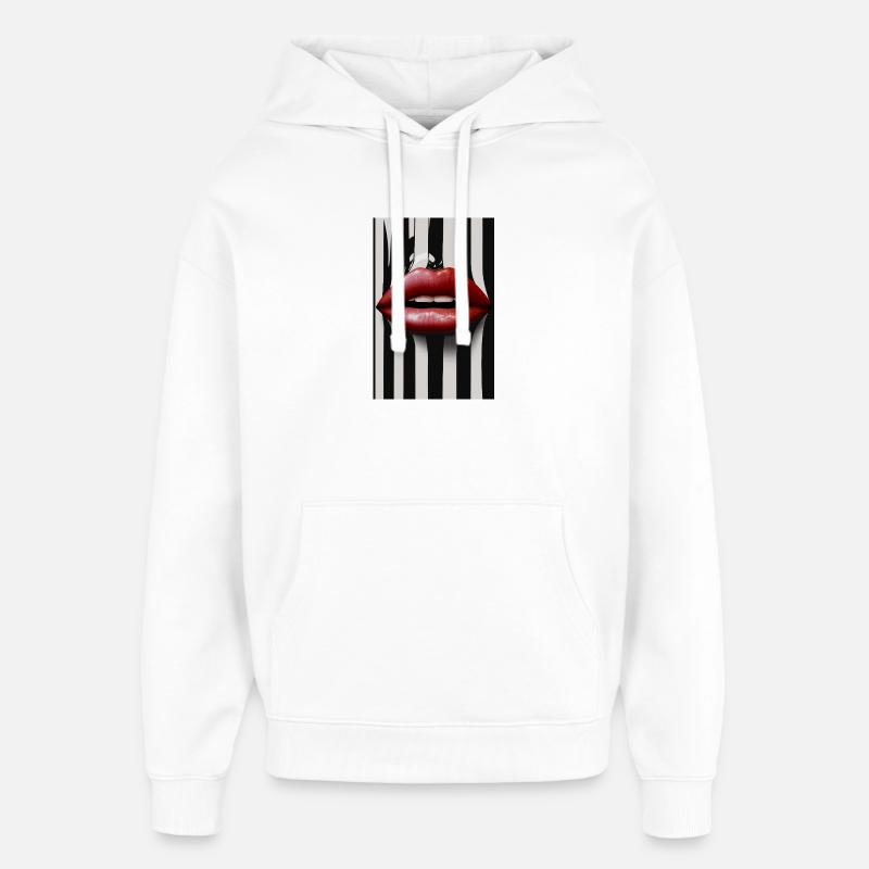 Mode Lèvres Rouges Rayures Noires Blanches - Sweat à capuche unisexe Stanley/Stella Oversized - blanc