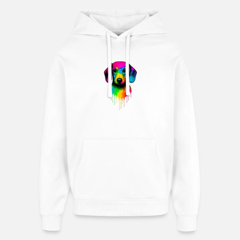 Teckel arc-en-ciel Drop Art - Sweat à capuche unisexe Stanley/Stella Oversized - blanc