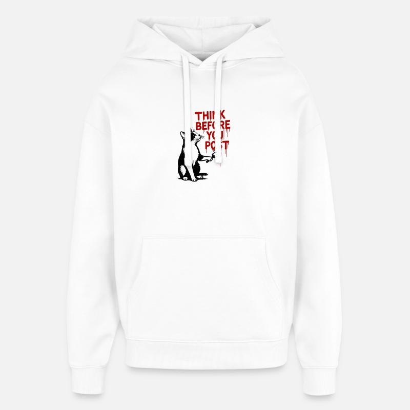 Réfléchissez avant de poster Cat - Sweat à capuche unisexe Stanley/Stella Oversized - blanc