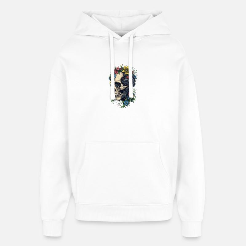 Crâne floral et machine steampunk - Sweat à capuche unisexe Stanley/Stella Oversized - blanc