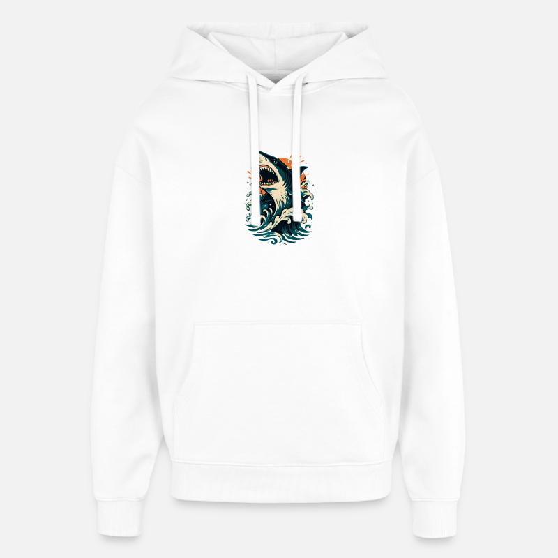 Shark roars through orange waves - Oversized Unisex Hoodie by Stanley/Stella - white