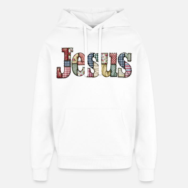 Patchwork Jesus Lettering - Oversized Unisex Hoodie by Stanley/Stella - white
