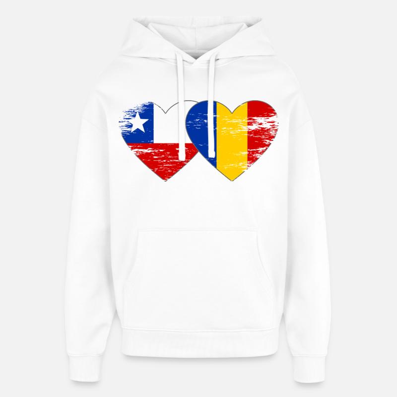 Cœur du drapeau Chili-Roumanie utilisé - Sweat à capuche unisexe Stanley/Stella Oversized - blanc