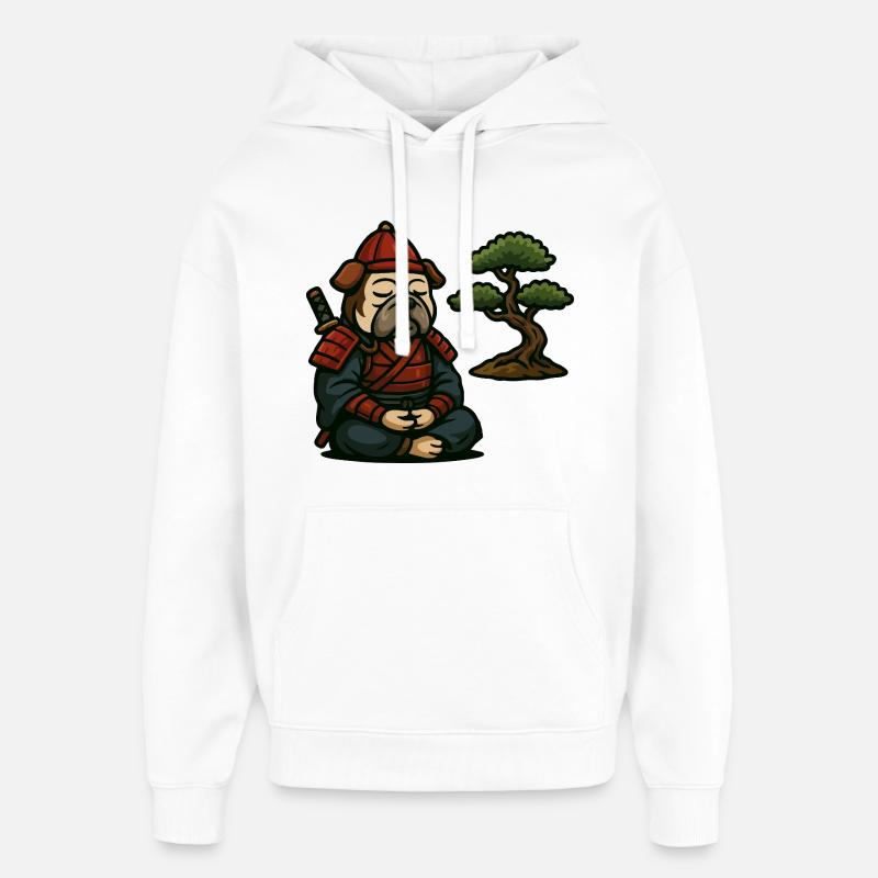 Bulldog Samurai Meditating with Bonsai Tree - Oversized Unisex Hoodie by Stanley/Stella - white