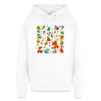 Motif de dinosaures sportifs mignons, championnat de dinosaures - Sweat à capuche unisexe Stanley/Stella Oversized - blanc - Devant - AI Model Female 172 light (172cm) & AI Model Male 185 light (185cm)
