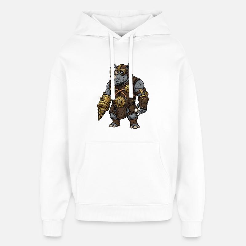 Rhinocéros Steampunk Foreuse Mécanicien Armure - Sweat à capuche unisexe Stanley/Stella Oversized - blanc