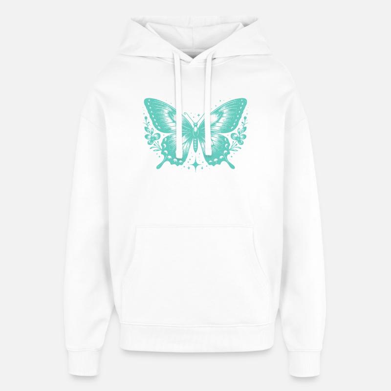Papillon Turquoise et Fleurs - Sweat à capuche unisexe Stanley/Stella Oversized - blanc