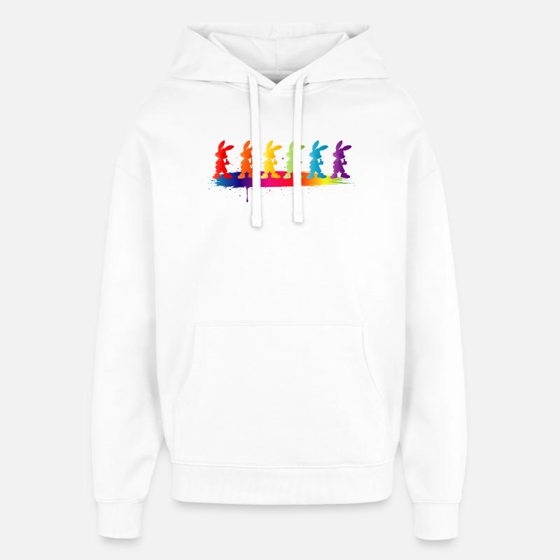 Fargerik kaninsilhuett med regnbuemotiv for barn - Stanley/Stella Oversized Hettegenser unisex - hvit