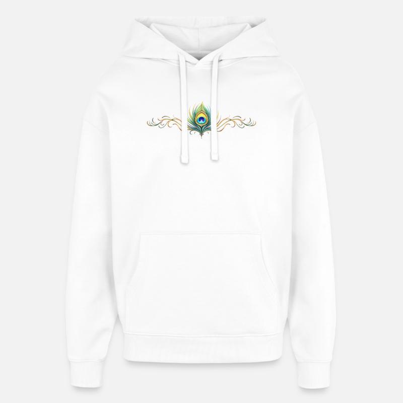 Påfuglefjeornament Boho Symmetrisk - Hættetrøje unisex Stanley/Stella Oversized - hvid