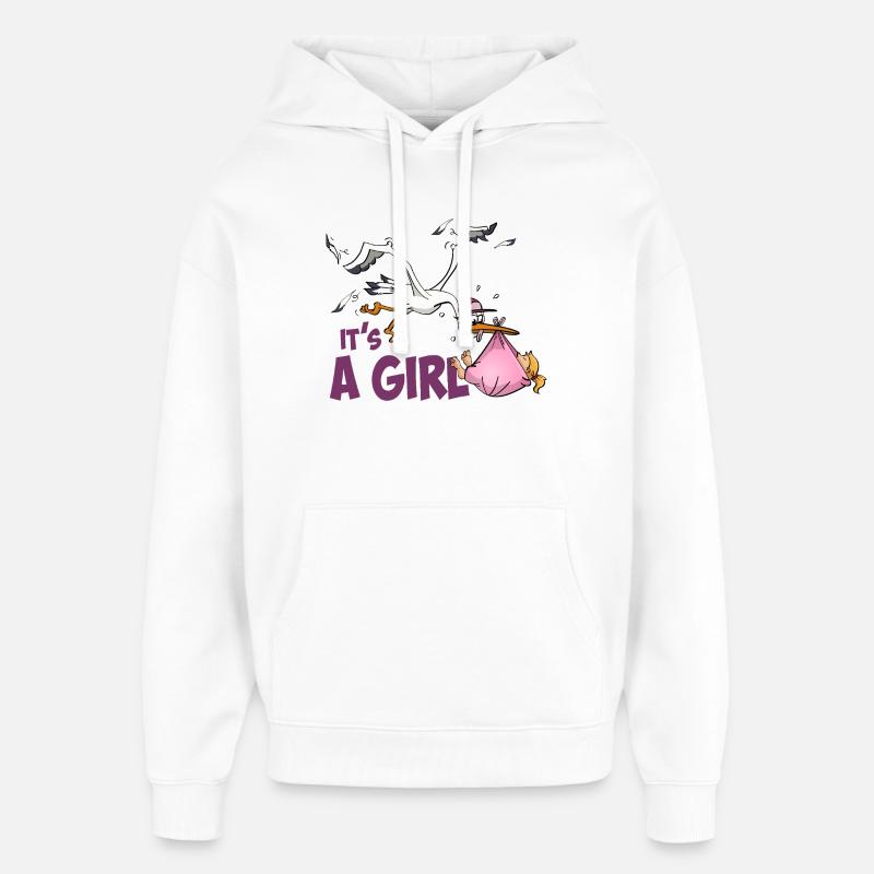 Cicogna con una bambina; "È una ragazza" - Stanley/Stella Oversized Felpa con cappuccio unisex - bianco