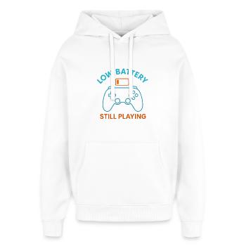 Niedriger Akku Weiter Spielen - Oversized Unisex Hoodie von Stanley/Stella - Weiß - Vorne - AI Model Female 172 light (172cm) & AI Model Male 185 light (185cm)