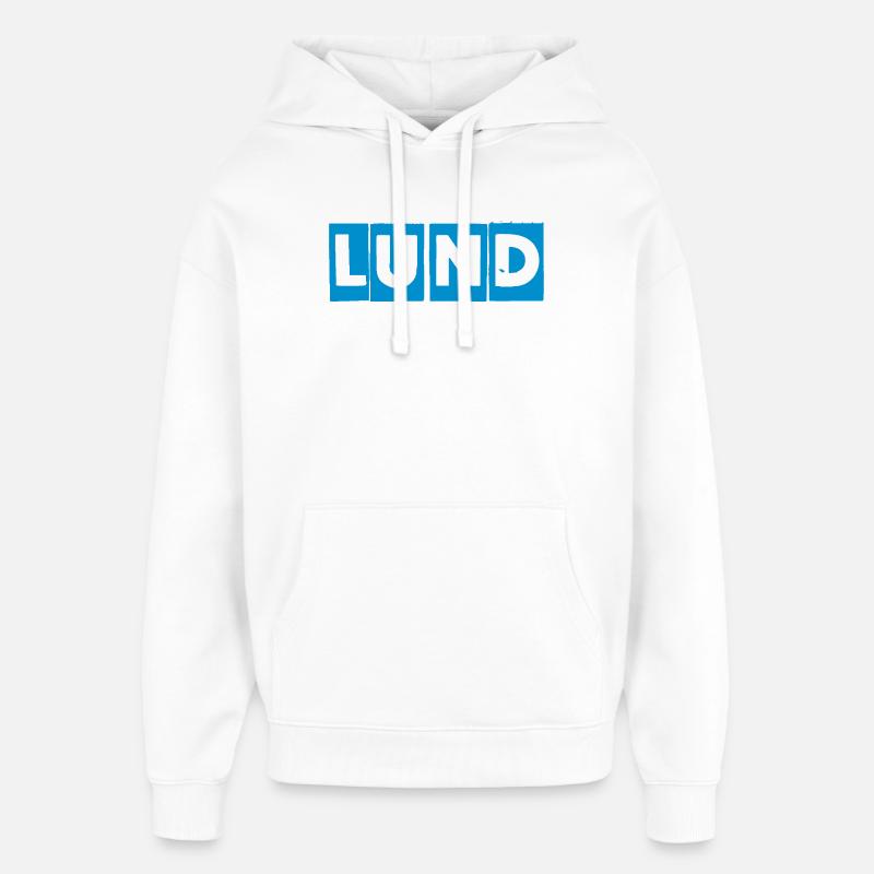 Lund – Conception de texte bleu - Sweat à capuche unisexe Stanley/Stella Oversized - blanc