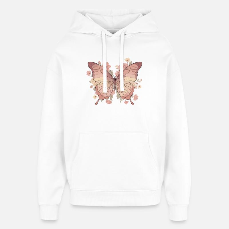 Papillon rose avec des fleurs - Sweat à capuche unisexe Stanley/Stella Oversized - blanc