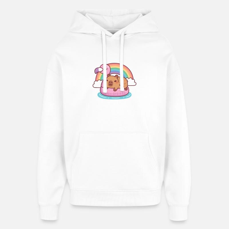 Niedliche Kapybara chillt auf Flamingo-Float-Regenbogen - Oversized Unisex Hoodie von Stanley/Stella - Weiß