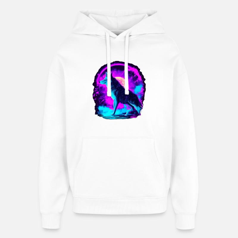 Wolf Neon Illustration Synthwave Art - Sweat à capuche unisexe Stanley/Stella Oversized - blanc