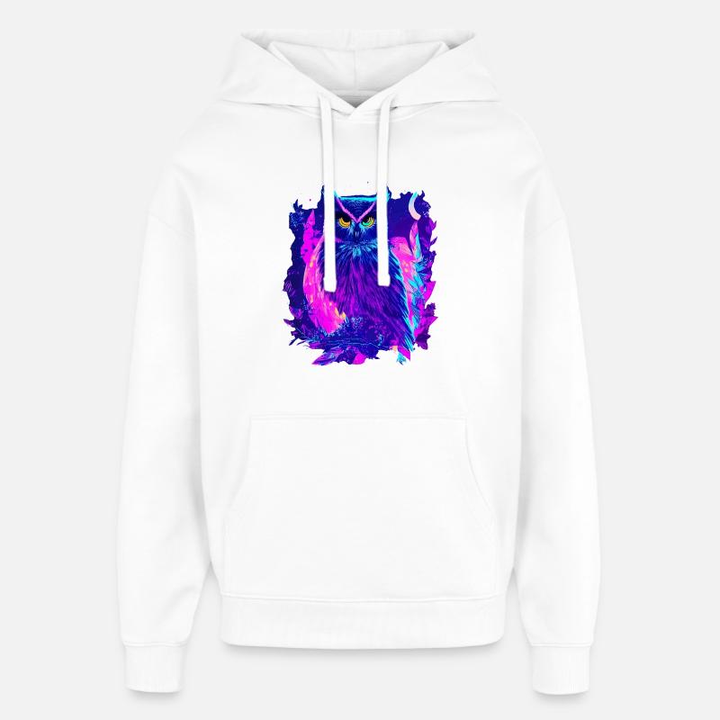 Neon Glowing Owl Synthwave - Sweat à capuche unisexe Stanley/Stella Oversized - blanc
