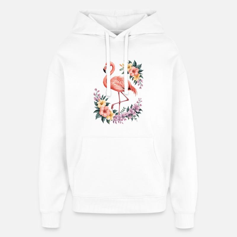 Flamant tropical avec des fleurs - Sweat à capuche unisexe Stanley/Stella Oversized - blanc