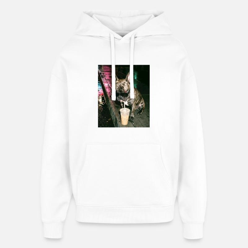 Bouledogue français buvant du café glacé - Sweat à capuche unisexe Stanley/Stella Oversized - blanc