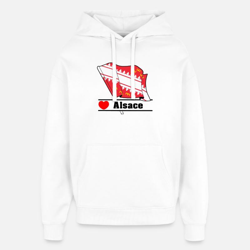 Drapeau d’Alsace + cœur + texte « Alsace » - Sweat à capuche unisexe Stanley/Stella Oversized - blanc