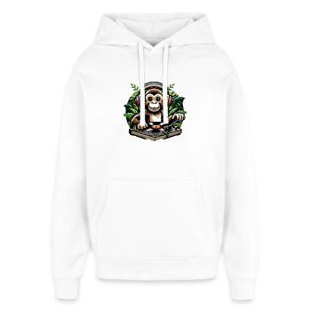 Jungle Grooves: Der Vinyl-Vibes-Affe - Oversized Unisex Hoodie von Stanley/Stella - Weiß - Vorne - AI Model Female 172 light (172cm) & AI Model Male 185 light (185cm)