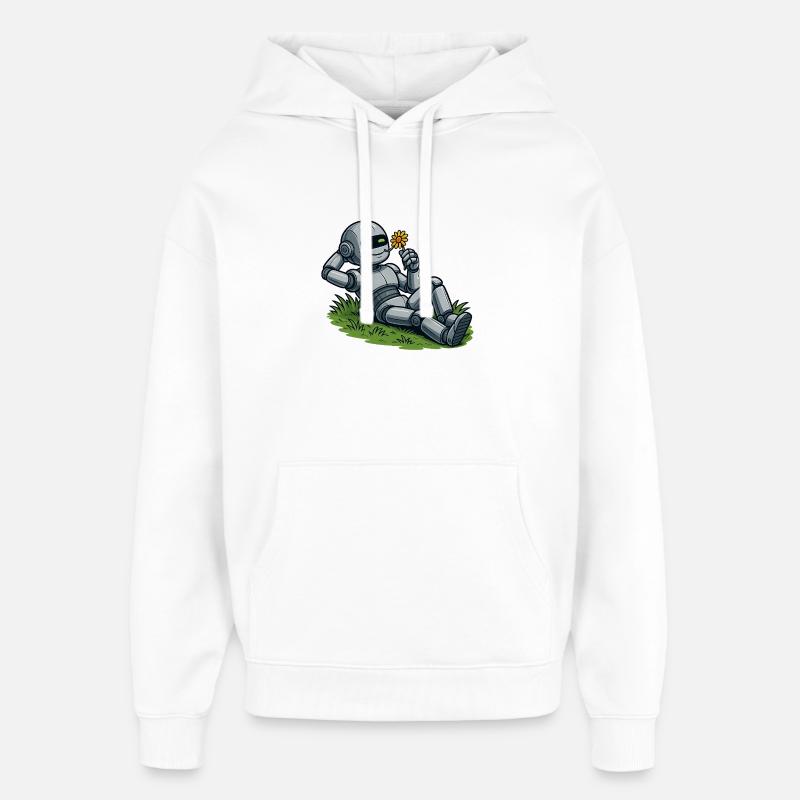 Robot avec fleur sur une pelouse - Sweat à capuche unisexe Stanley/Stella Oversized - blanc