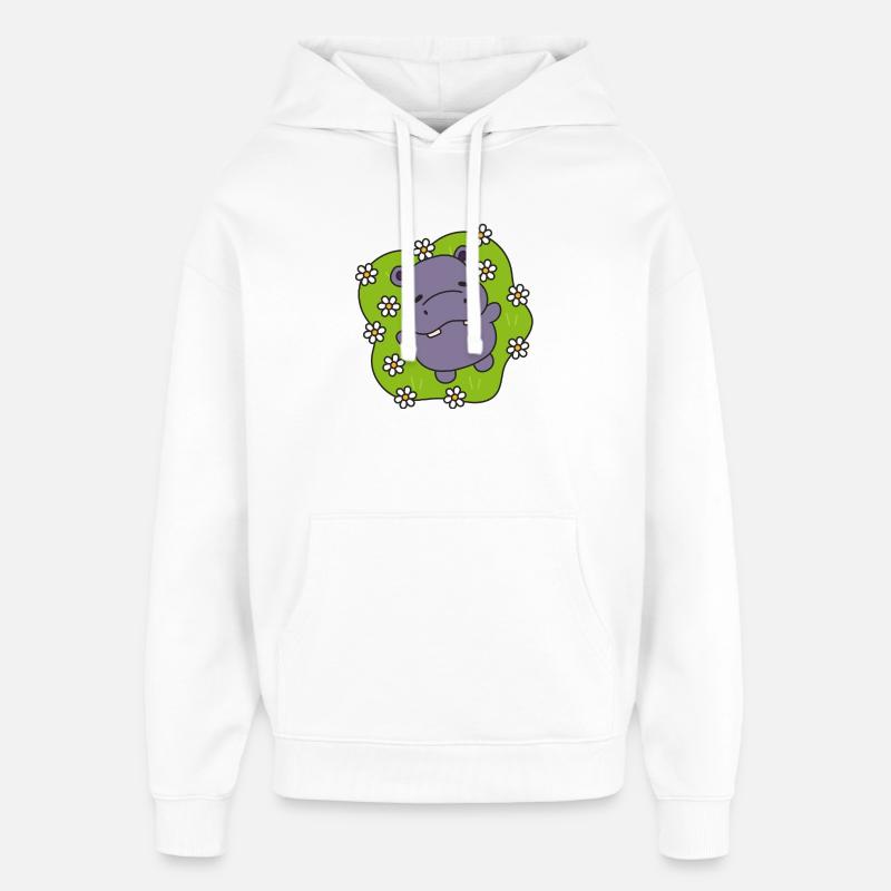 Hippo violet sur gazon fleuri - Sweat à capuche unisexe Stanley/Stella Oversized - blanc