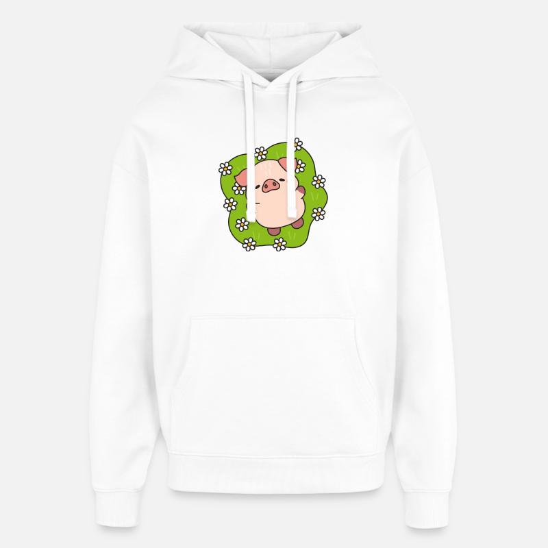 Cochon fleuri joyeux en prairie - Sweat à capuche unisexe Stanley/Stella Oversized - blanc