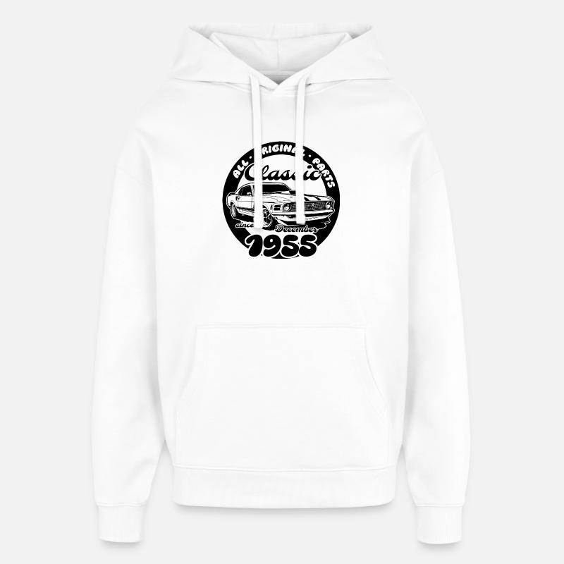 70e anniversaire - Muscle car classique 12/1955 - Sweat à capuche unisexe Stanley/Stella Oversized - blanc