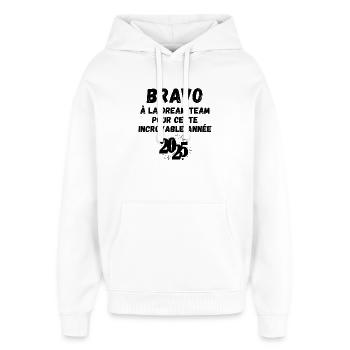 Thank you, bravo, congratulations - Oversized Unisex Hoodie by Stanley/Stella - white - Front - AI Model Female 172 light (172cm) & AI Model Male 185 light (185cm)