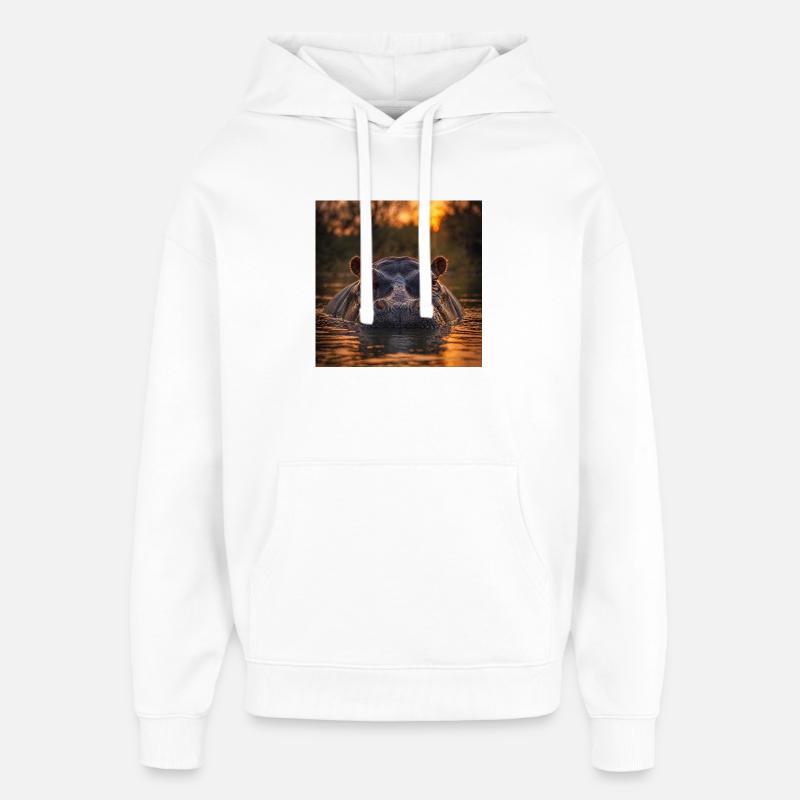 Coucher de soleil, hippopotame dans l’eau - Sweat à capuche unisexe Stanley/Stella Oversized - blanc