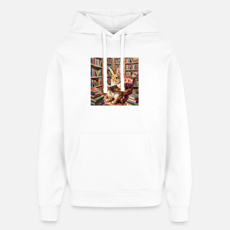 Library Rabbit Reading Portrait - Oversized Unisex Hoodie by Stanley/Stella - white