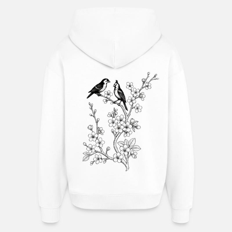 Oiseaux sur branche de cerisier - Sweat à capuche unisexe Stanley/Stella Oversized - blanc