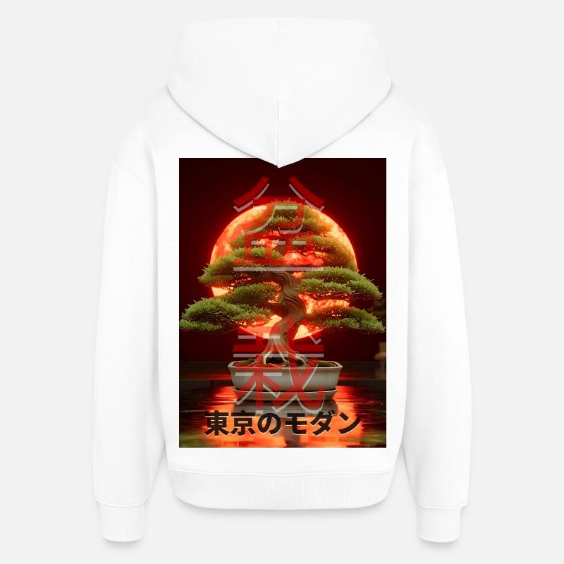 Bonsaï Red Suns Panneau d’écriture japonais - Sweat à capuche unisexe Stanley/Stella Oversized - blanc