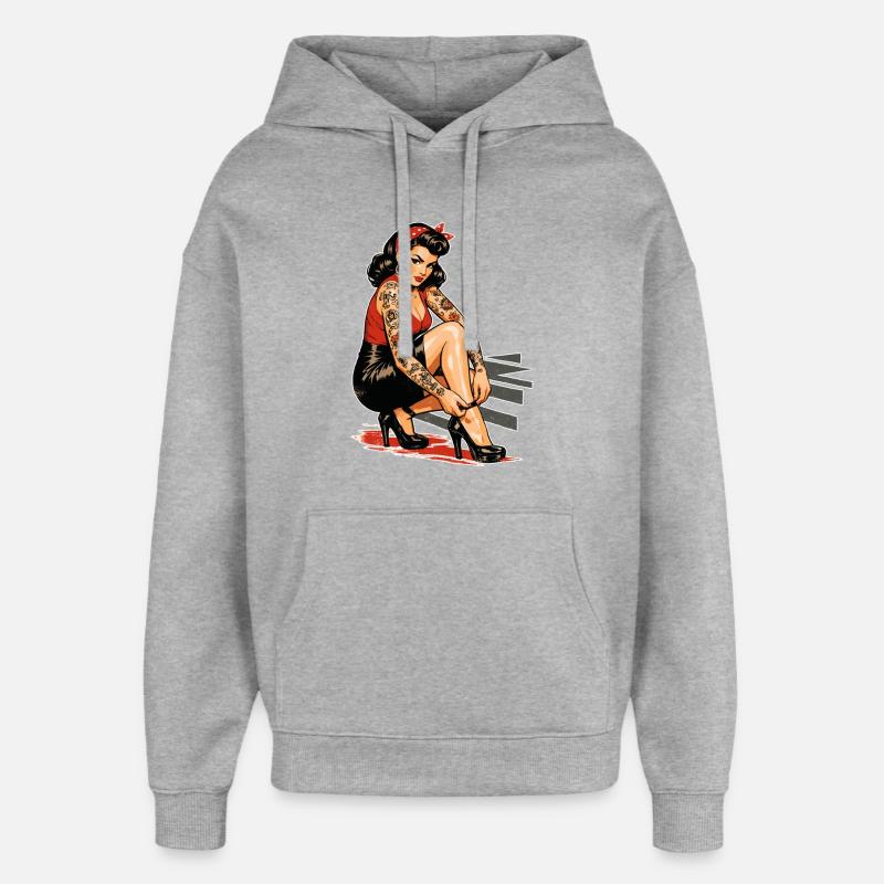 Tattoo Pin-Up: Retro Werbeprint & High Heels - Oversized Unisex Hoodie von Stanley/Stella - Grau meliert