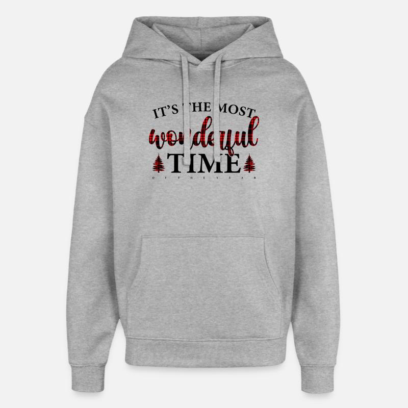 Crimson Plaid Script on Black - Oversized Unisex Hoodie by Stanley/Stella - heather grey