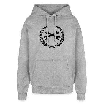 Schraubenschlüssel-Logo für Tüftler im Lorbeerkranz - Oversized Unisex Hoodie von Stanley/Stella - Grau meliert - Vorne - AI Model Female 172 light (172cm) & AI Model Male 185 light (185cm)