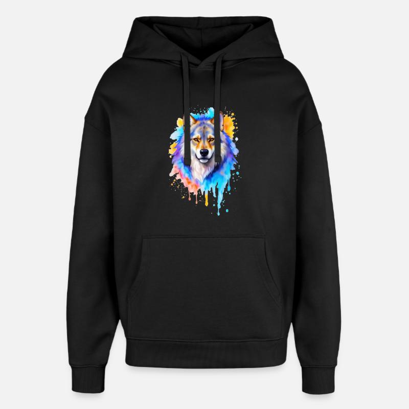 Peinture aquarelle de loup - Sweat à capuche unisexe Stanley/Stella Oversized - noir