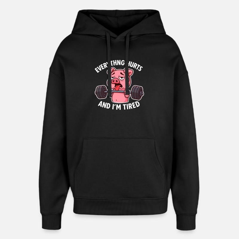 Exhausted Pig Lifting Weights Design - Oversized Unisex Hoodie by Stanley/Stella - black