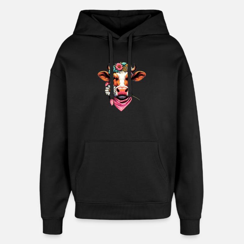 Vache avec des fleurs - Sweat à capuche unisexe Stanley/Stella Oversized - noir