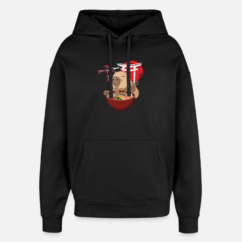 Capybara Eats Ramen Soup Cute Funny - Oversized Unisex Hoodie by Stanley/Stella - black
