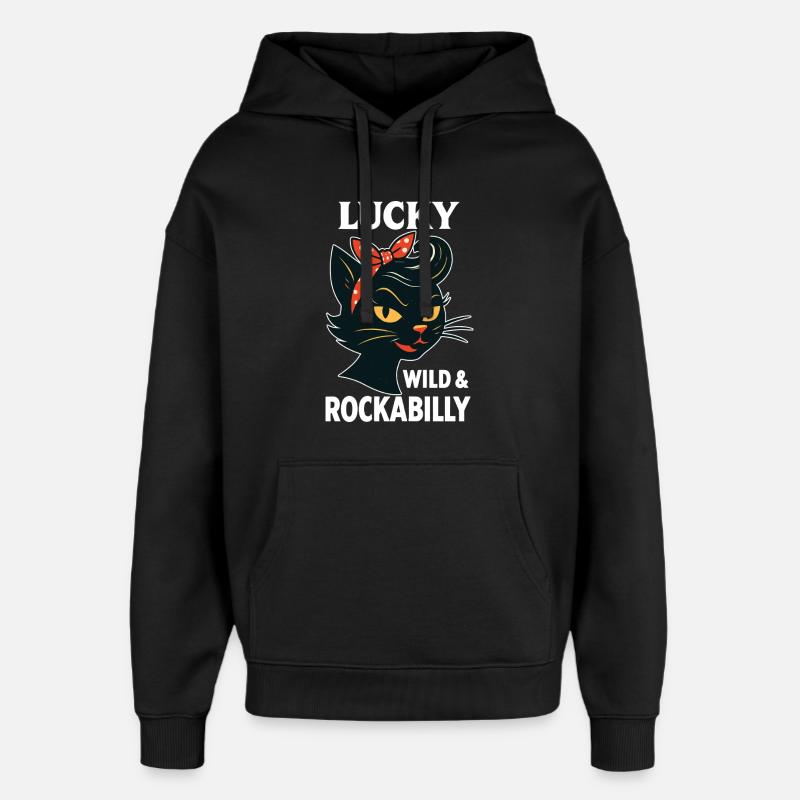 Lucky, Wild & Rockabilly : Black Retro Cat - Sweat à capuche unisexe Stanley/Stella Oversized - noir