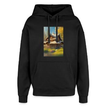 Charming Lakefront Cabin - Oversized Unisex Hoodie by Stanley/Stella - black - Front - AI Model Female 172 light (172cm) & AI Model Male 185 light (185cm)