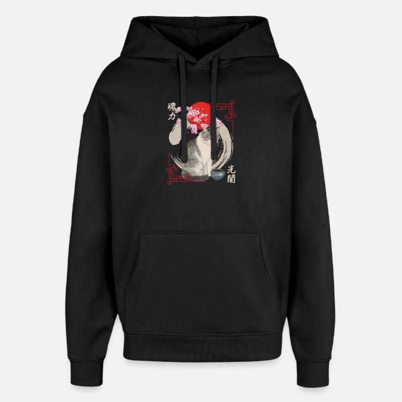 Chat japonais en fleurs de cerisier - Sweat à capuche unisexe Stanley/Stella Oversized - noir