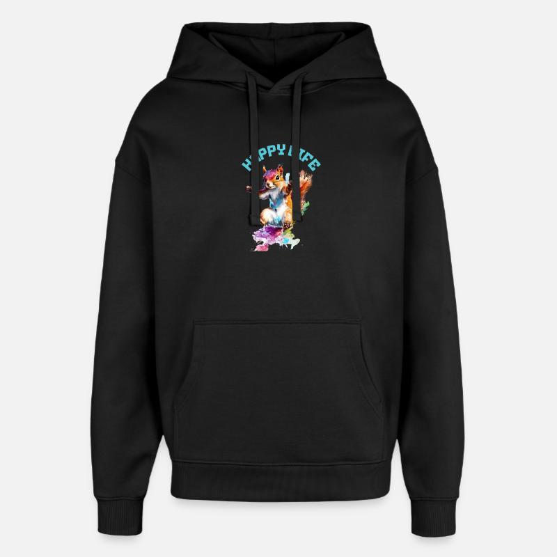 Happy Life Squirrel Design - Sweat à capuche unisexe Stanley/Stella Oversized - noir