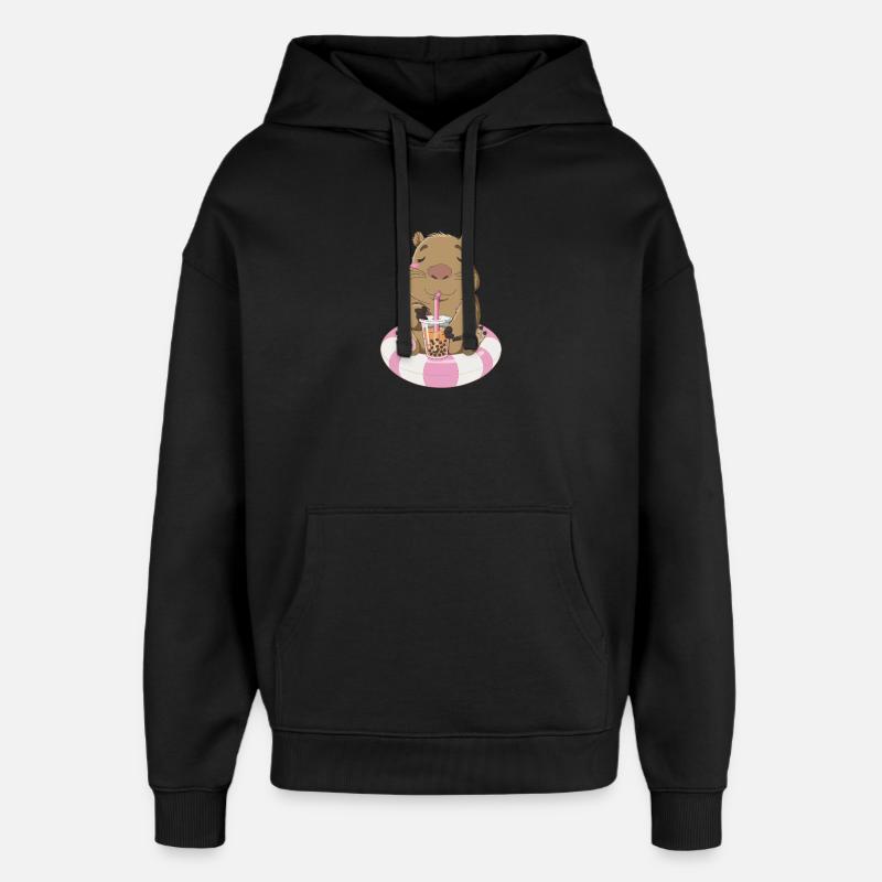 Relaxed Wombat With Bubble Tea Illustration - Oversized Unisex Hoodie by Stanley/Stella - black